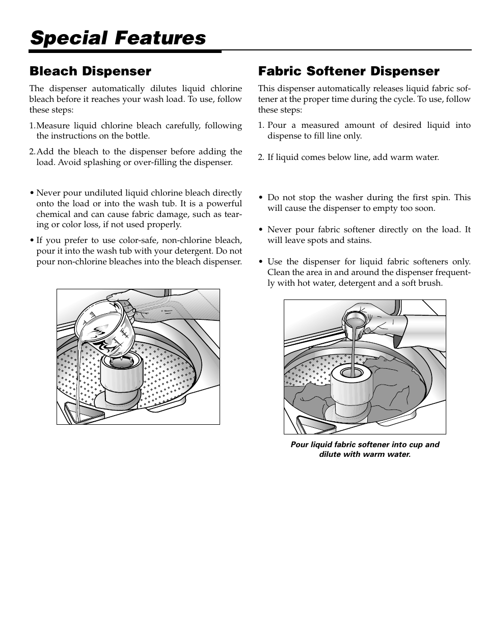 Special features, Bleach dispenser, Fabric softener dispenser | Maytag LAT2500AAE User Manual | Page 6 / 28