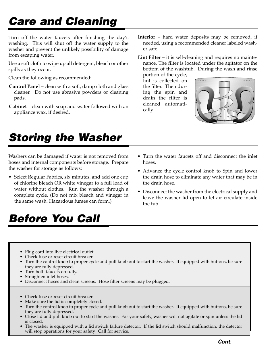 Care and cleaning, Storing the washer, Before you call | Maytag LAT2500AAE User Manual | Page 7 / 28
