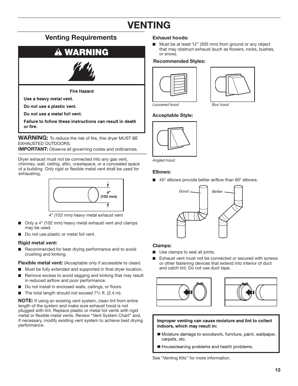 Venting, Venting requirements, Warning | Maytag WED4890BQ Installation User Manual | Page 13 / 20