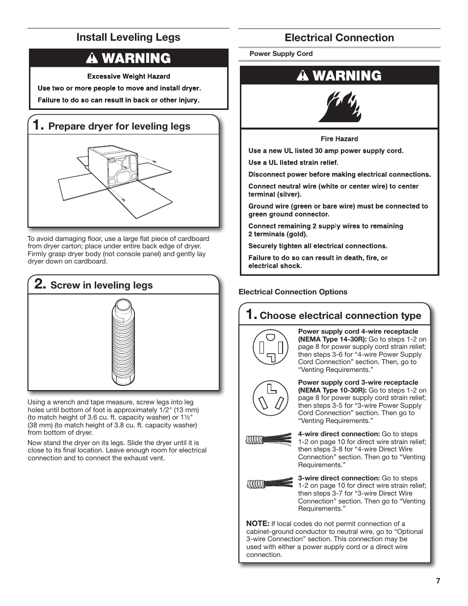 Electrical connection, Install leveling legs, Choose electrical connection type | Prepare dryer for leveling legs, Screw in leveling legs | Maytag WED4890BQ Installation User Manual | Page 7 / 20