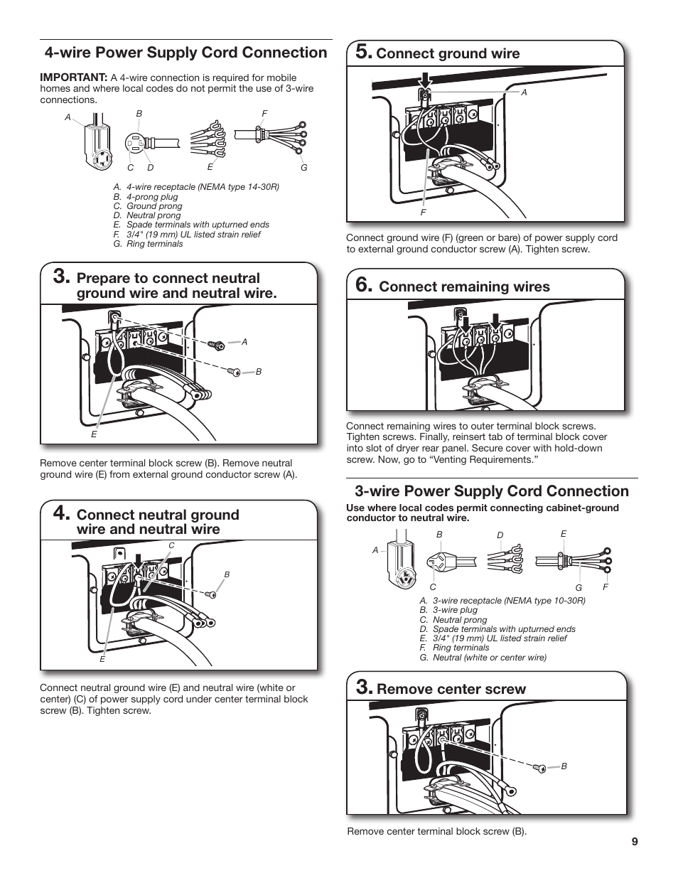 Wire power supply cord connection, Connect remaining wires, Connect ground wire | Remove center screw, Connect neutral ground wire and neutral wire | Maytag WED4890BQ Installation User Manual | Page 9 / 20