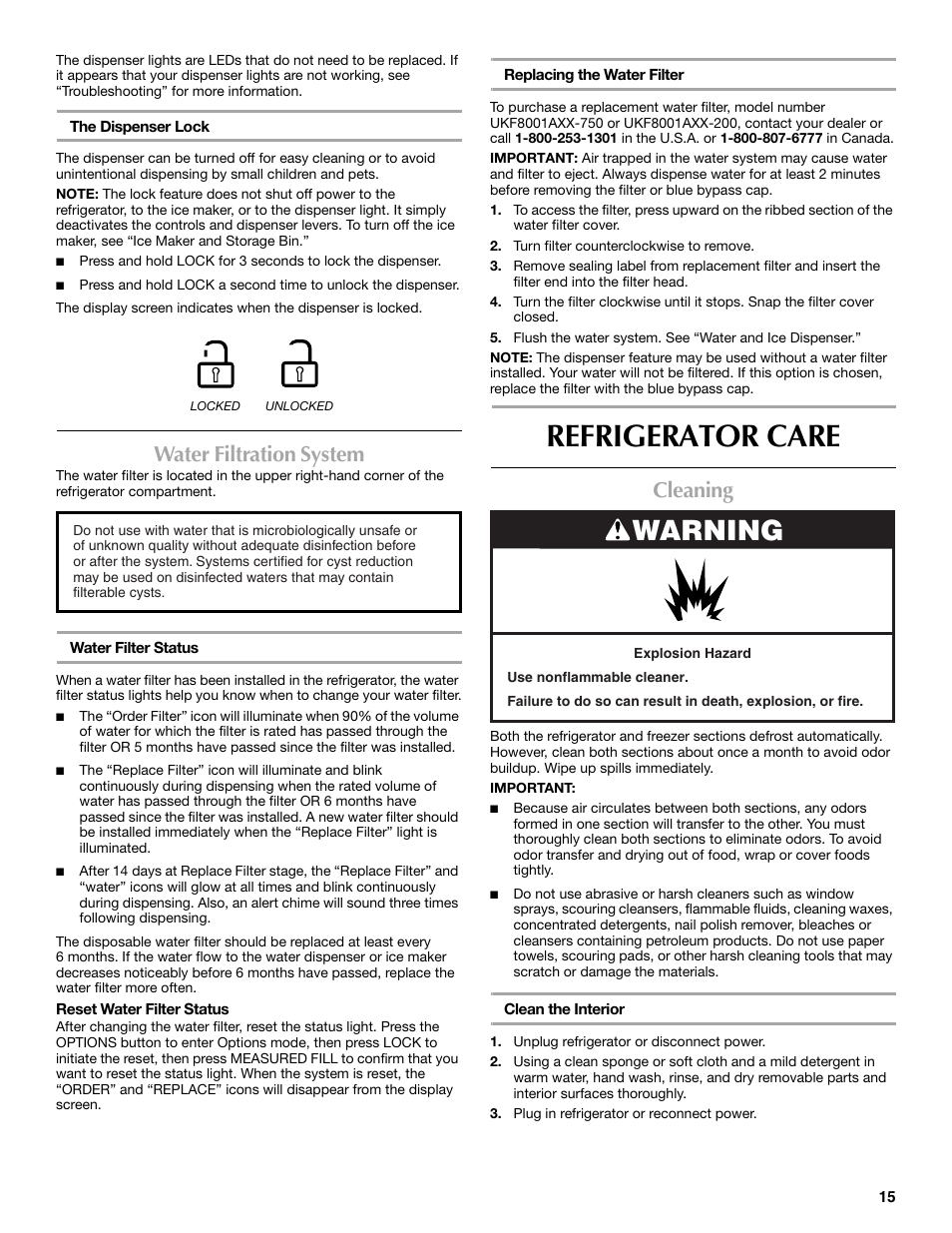 Refrigerator care, Warning, Water filtration system | Cleaning | Maytag MFX2570AEM User Manual | Page 15 / 70