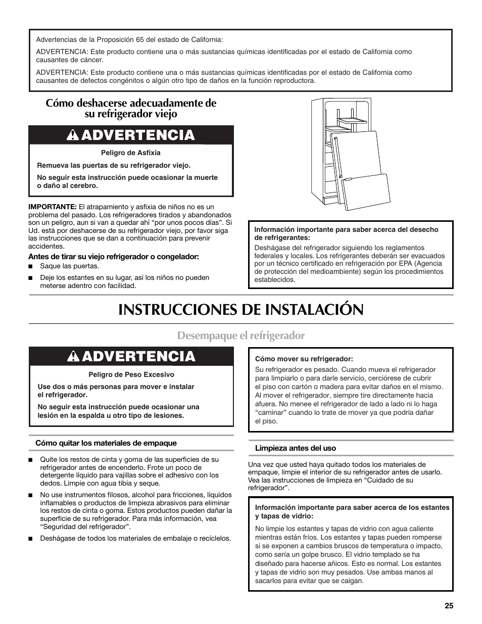 Instrucciones de instalación, Advertencia, Desempaque el refrigerador | Maytag MFX2570AEM User Manual | Page 25 / 70