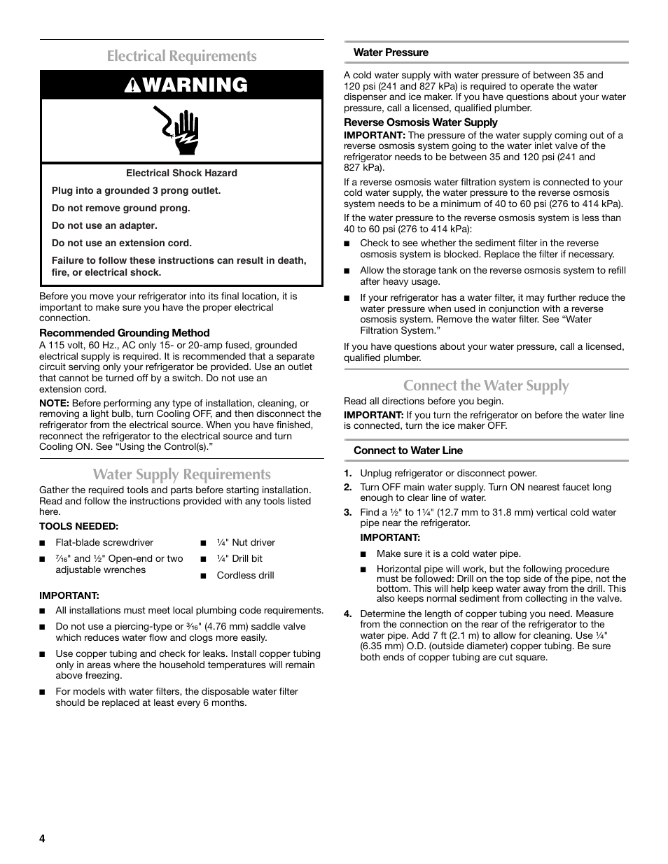 Warning, Electrical requirements, Water supply requirements | Connect the water supply | Maytag MFX2570AEM User Manual | Page 4 / 70