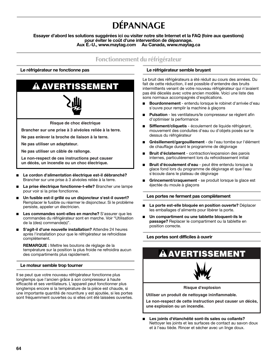 Dépannage, Avertissement, Fonctionnement du réfrigérateur | Maytag MFX2570AEM User Manual | Page 64 / 70