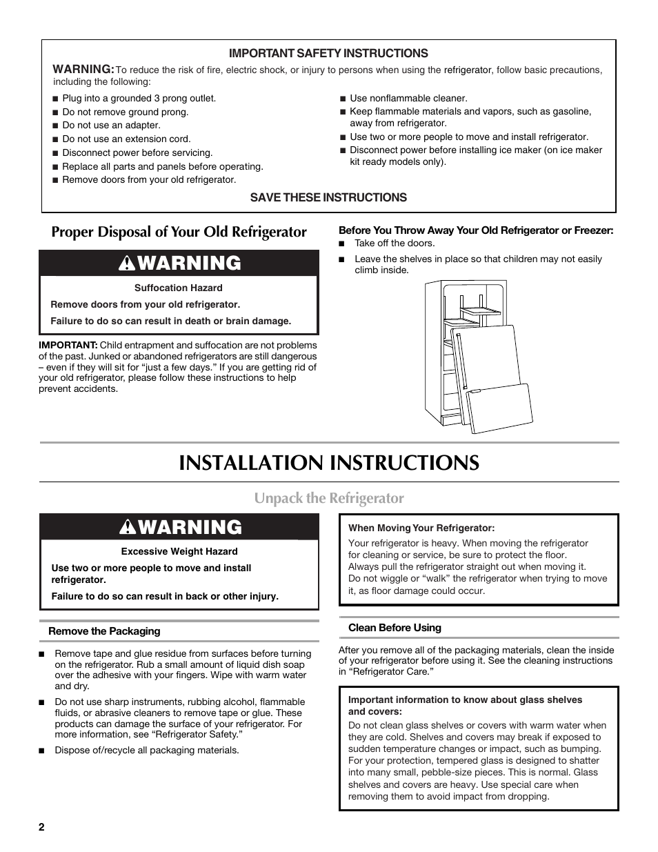 Installation instructions, Warning, Proper disposal of your old refrigerator | Unpack the refrigerator | Maytag MBF2562HEW User Manual | Page 2 / 66
