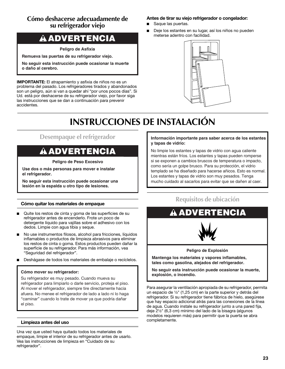 Instrucciones de instalación, Advertencia, Desempaque el refrigerador | Requisitos de ubicación | Maytag MBF2562HEW User Manual | Page 23 / 66