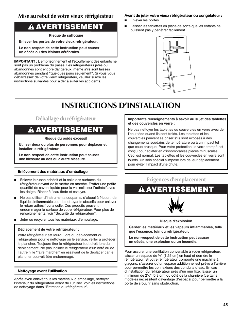 Instructions d’installation, Avertissement, Mise au rebut de votre vieux réfrigérateur | Déballage du réfrigérateur, Exigences d'emplacement | Maytag MBF2562HEW User Manual | Page 45 / 66