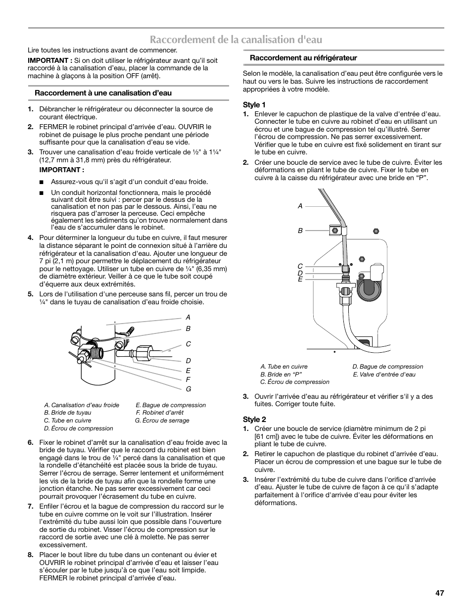 Raccordement de la canalisation d'eau | Maytag MBF2562HEW User Manual | Page 47 / 66