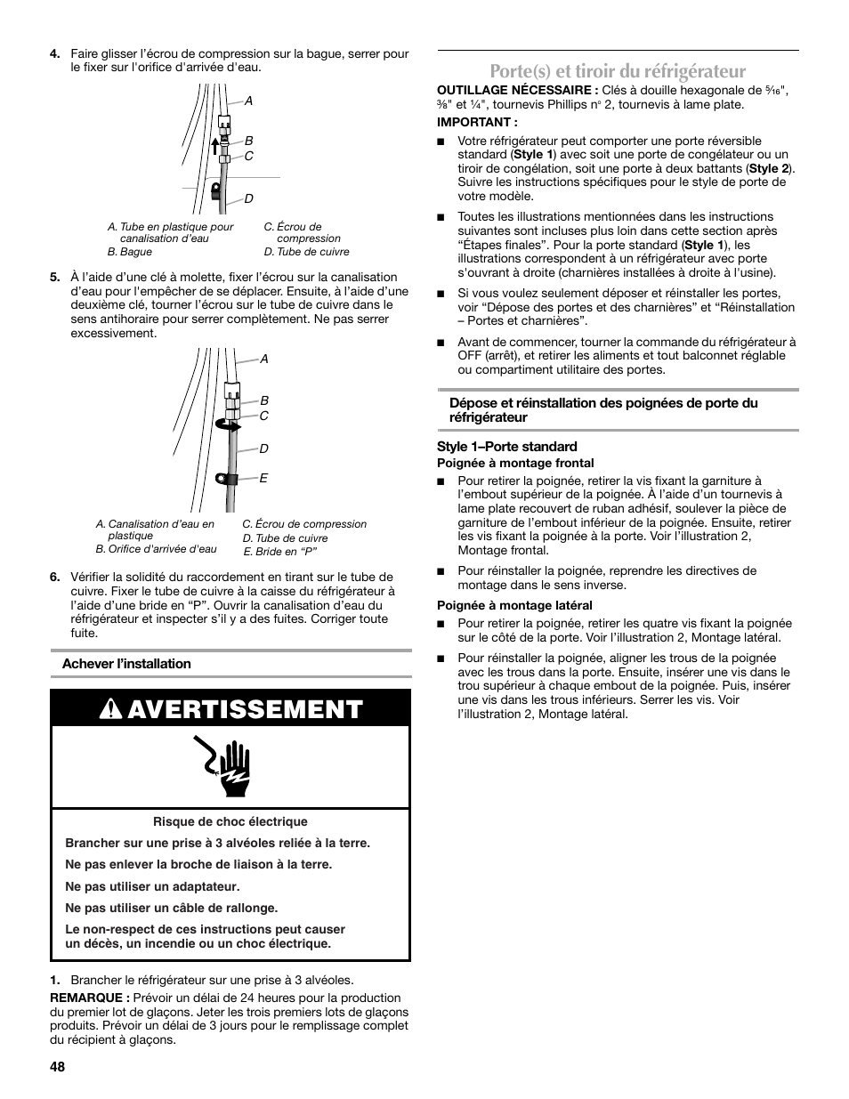 Avertissement, Porte(s) et tiroir du réfrigérateur | Maytag MBF2562HEW User Manual | Page 48 / 66