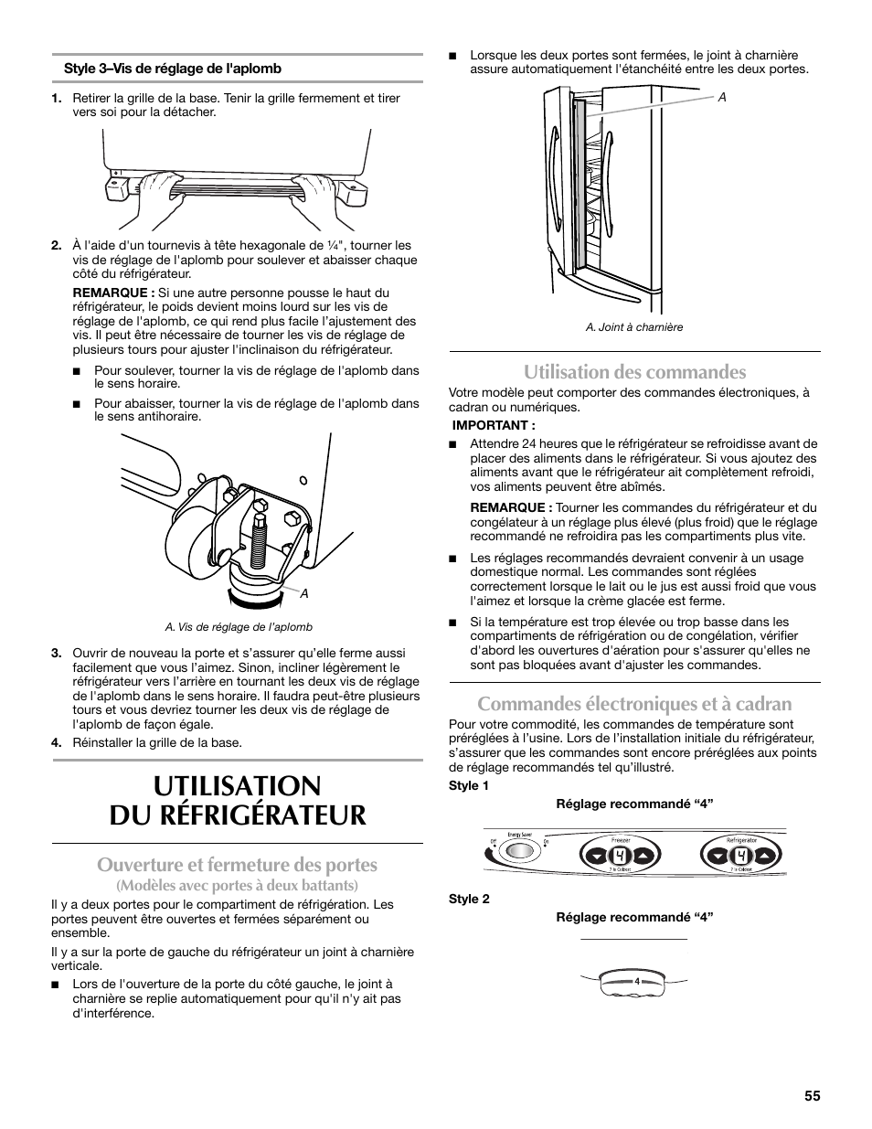 Utilisation du réfrigérateur, Ouverture et fermeture des portes, Utilisation des commandes | Commandes électroniques et à cadran | Maytag MBF2562HEW User Manual | Page 55 / 66