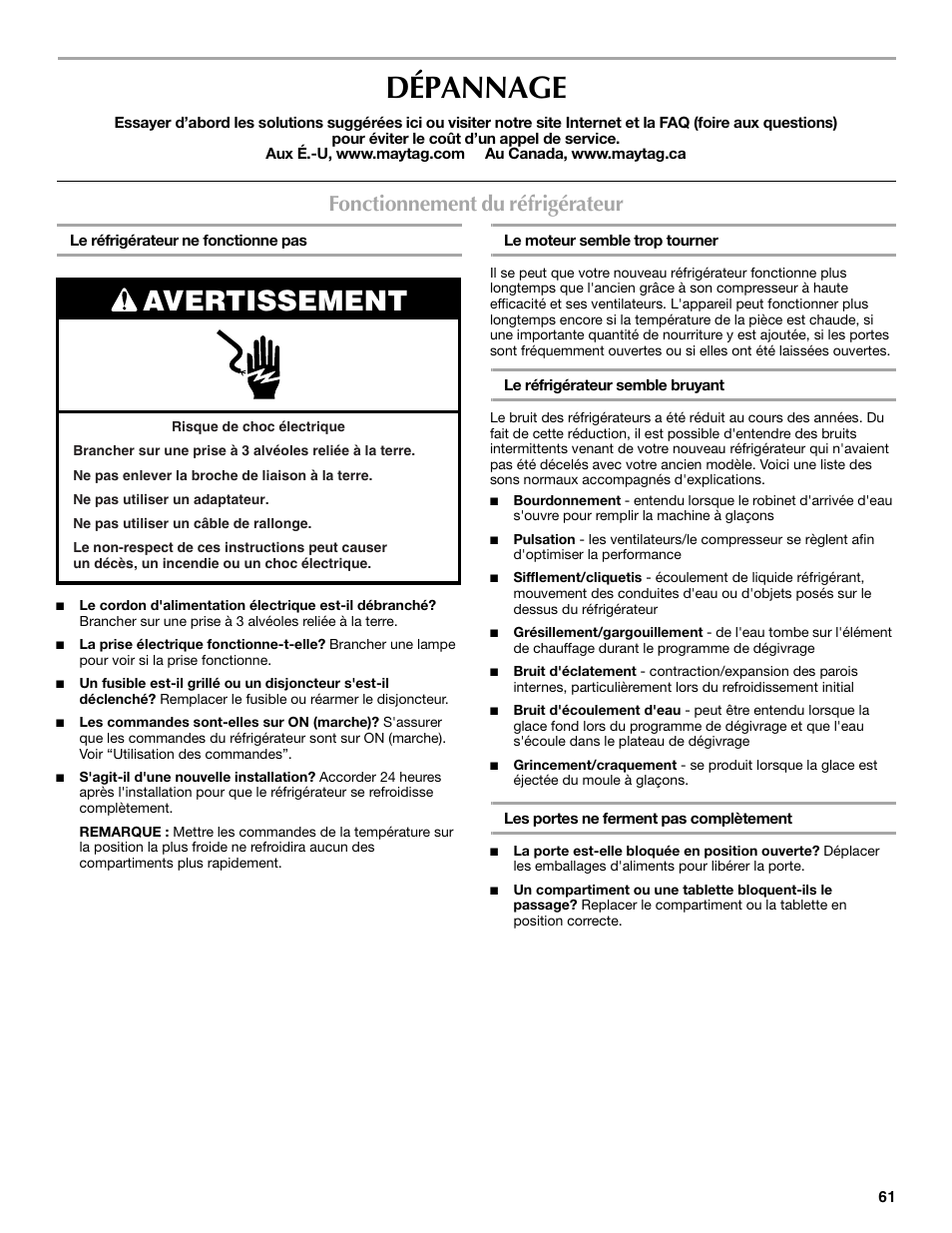 Dépannage, Avertissement, Fonctionnement du réfrigérateur | Maytag MBF2562HEW User Manual | Page 61 / 66