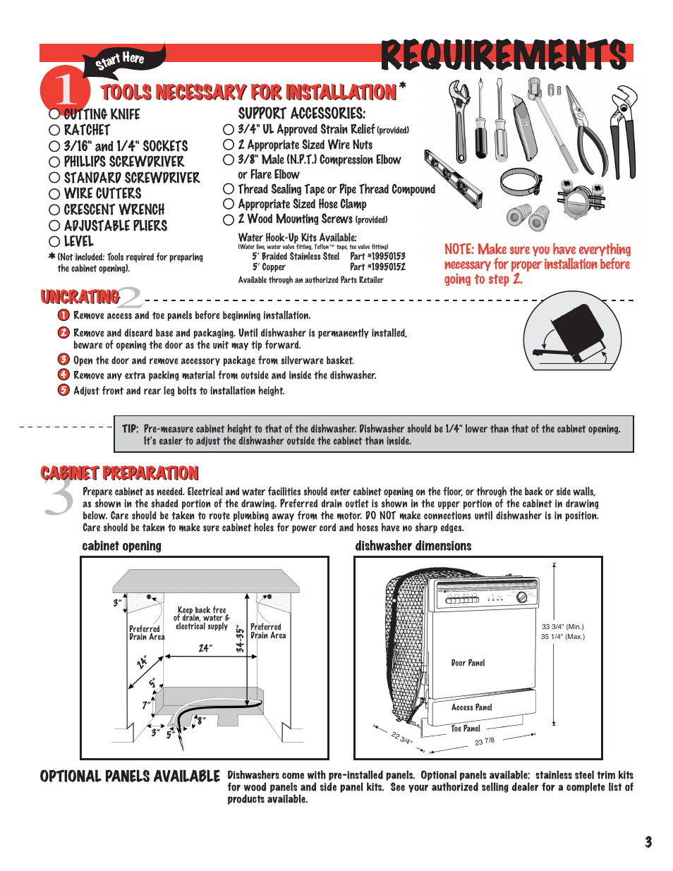 Tools necessary for installation, Uncrating, Cabinet preparation | Optional panels available, Support accessories | Maytag MDB6100AWB Installation User Manual | Page 3 / 16