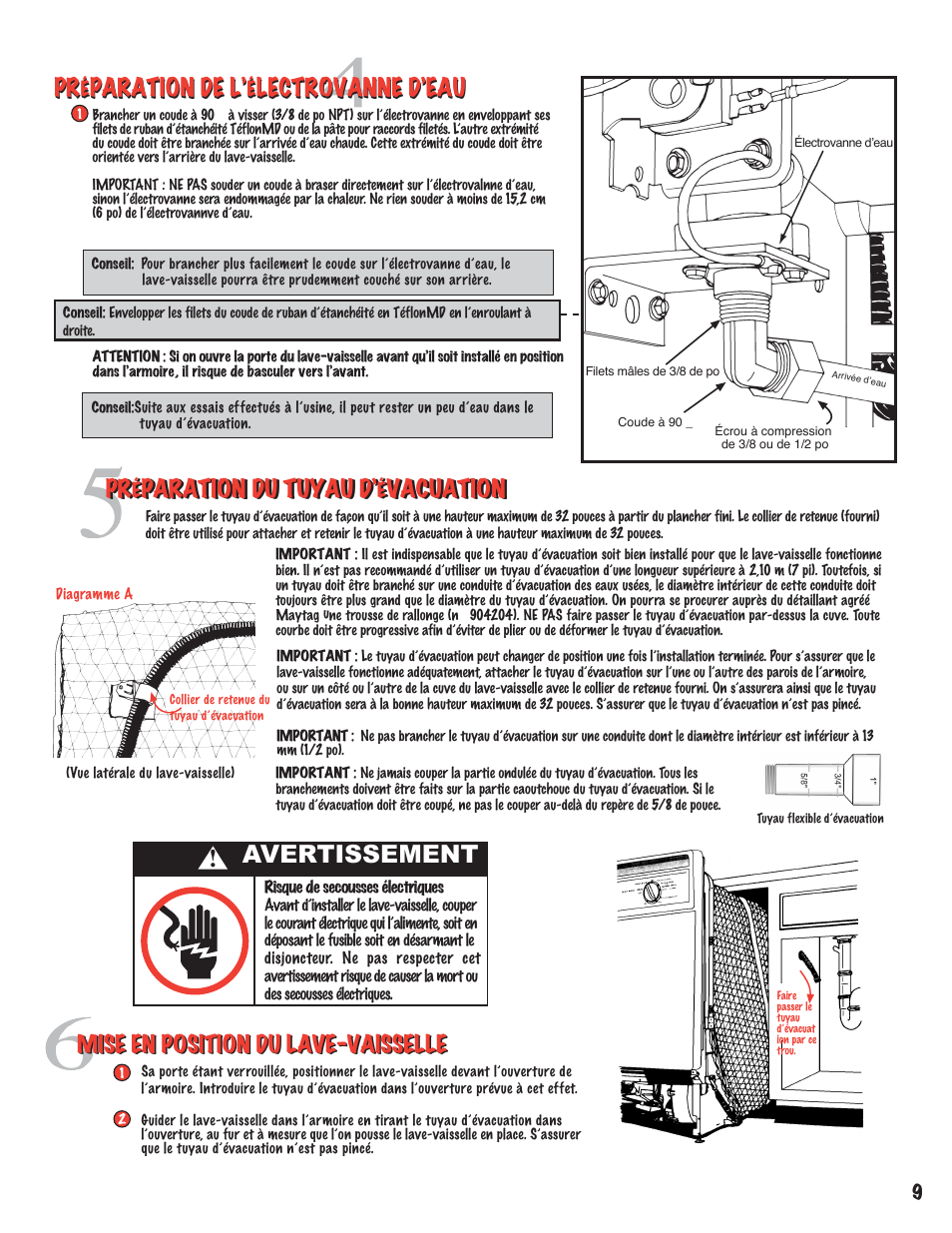 Avertissement, Préparation de l’électrovanne d’eau, Mise en position du lave-vaisselle | Maytag MDB6100AWB Installation User Manual | Page 9 / 16