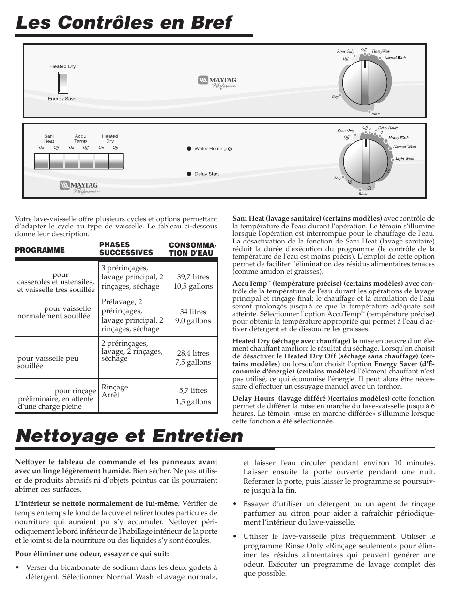 Les contrôles en bref, Nettoyage et entretien | Maytag PDB1100AWE User Manual | Page 14 / 28