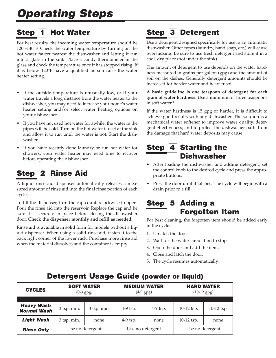 Operating steps, Step 2 rinse aid step 1 hot water, Detergent usage guide | Powder or liquid) | Maytag PDB1100AWE User Manual | Page 4 / 28
