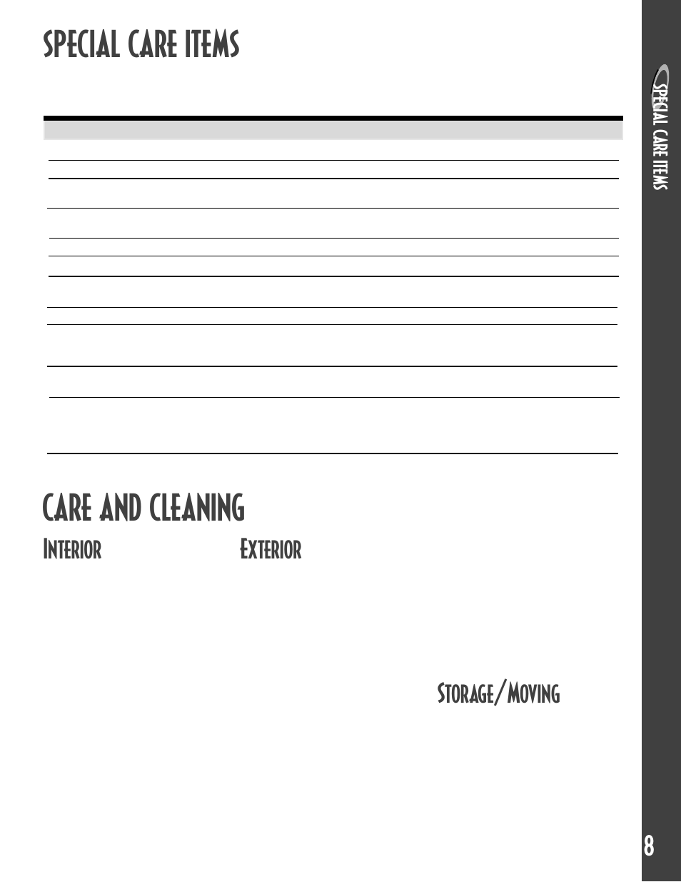 Special care items, Care and cleaning, Interior | Exterior, Storage/moving, Sp ecial c a re it em s | Maytag MDB6657AWB User Manual | Page 9 / 36