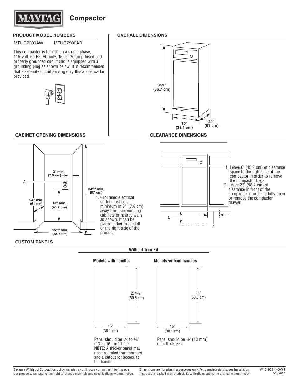 Maytag MTUC7500ADM Dimension Guide User Manual | 1 page