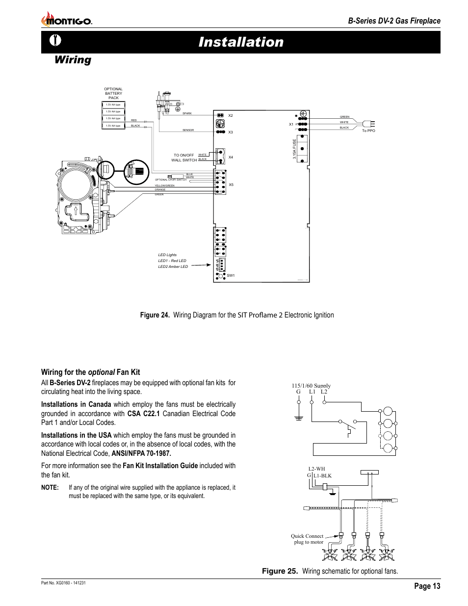 Installation, Wiring, Page 13 b-series dv-2 gas fireplace | Wiring for the optional fan kit | Montigo B34DV User Manual | Page 13 / 26