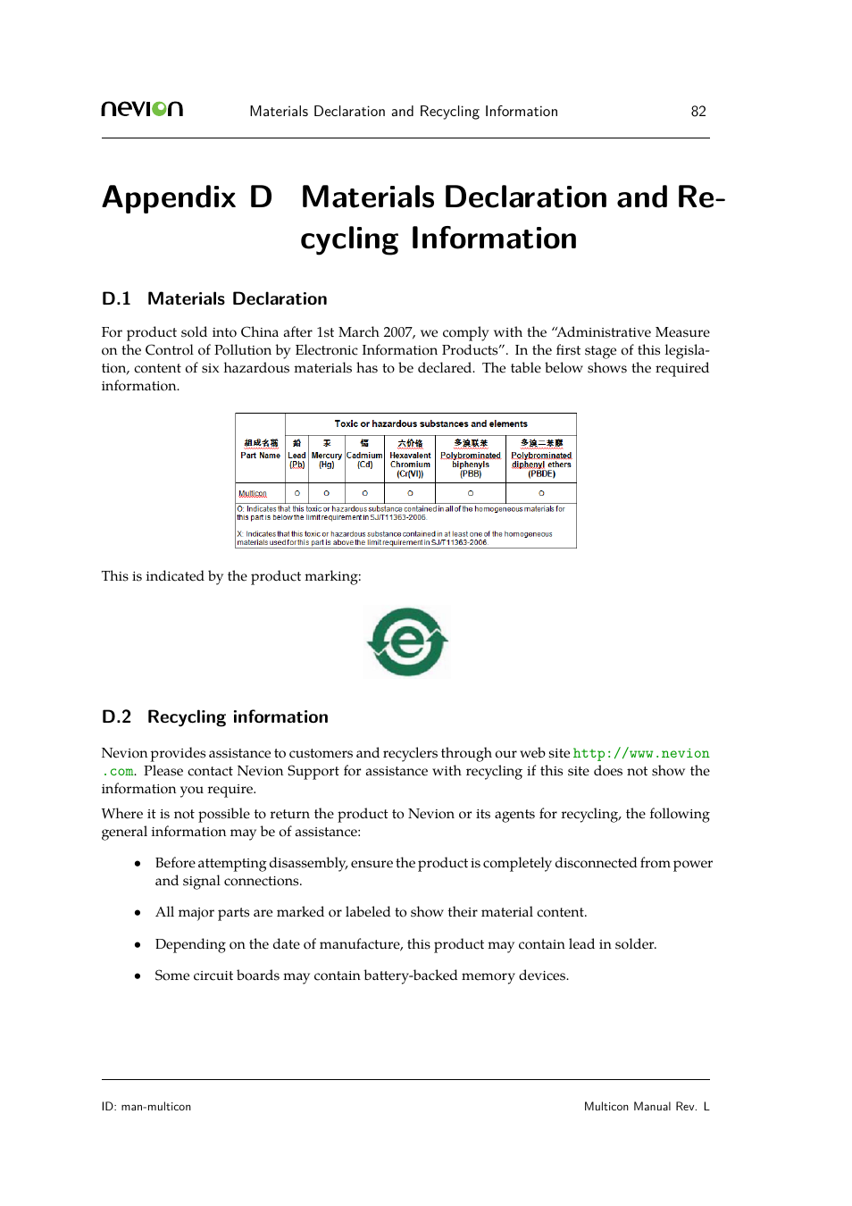 D materials declaration and recycling information, D.1 materials declaration, D.2 recycling information | Nevion Multicon User Manual | Page 82 / 83