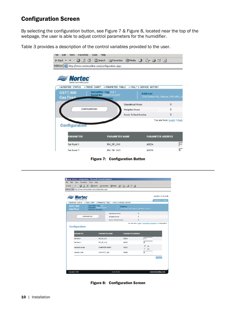Configuration screen | Nortec OnLine GSTC User Manual | Page 14 / 24