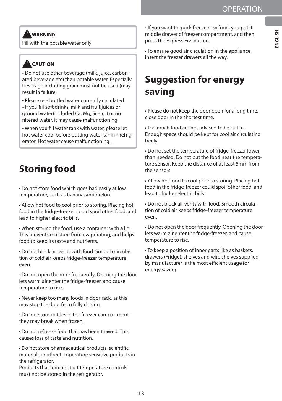 Storing food, Suggestion for energy saving, Operation | LG GW-B489SMFZ User Manual | Page 13 / 21