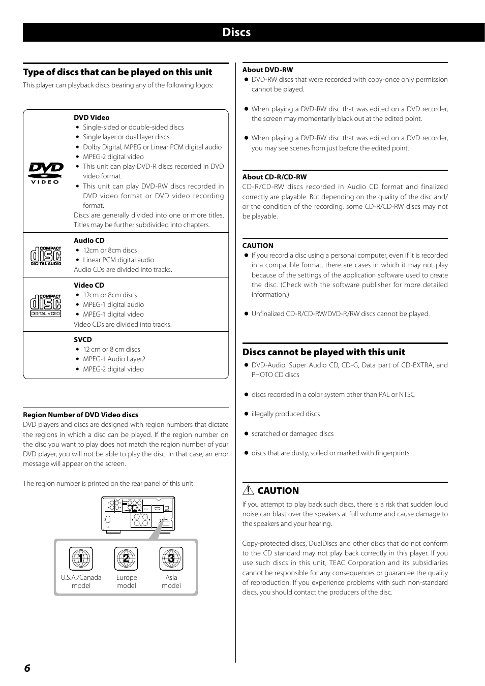 Discs, Type of discs that can be played on this unit, Discs cannot be played with this unit | Caution | Teac DR H338i User Manual | Page 6 / 148