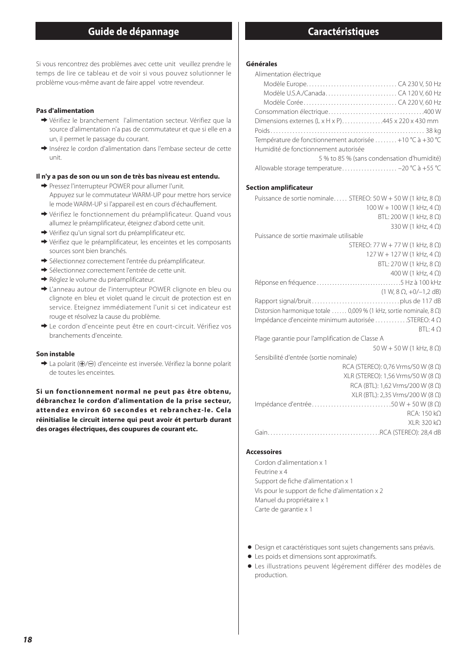 Guide de dépannage, Caractéristiques | Teac A-03 User Manual | Page 18 / 28