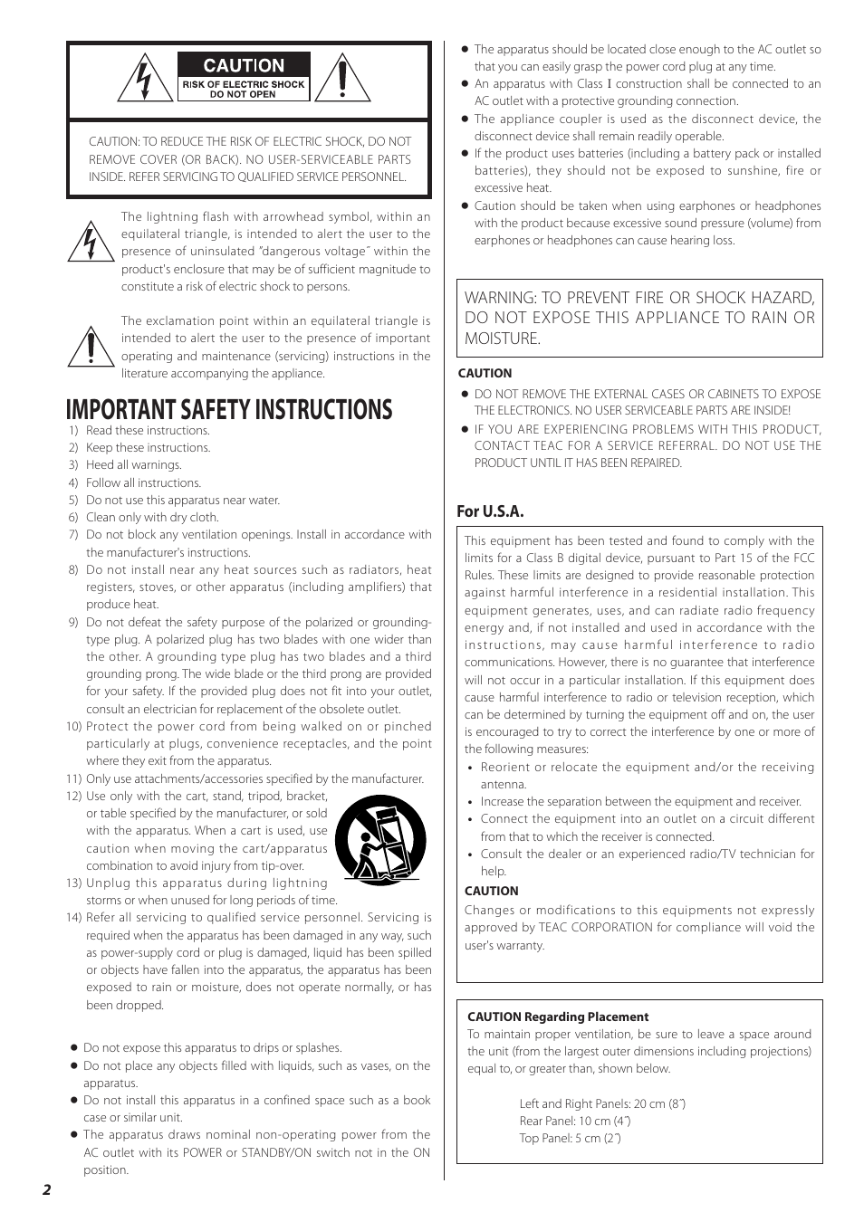 Important safety instructions, For u.s.a | Teac A-03 User Manual | Page 2 / 28
