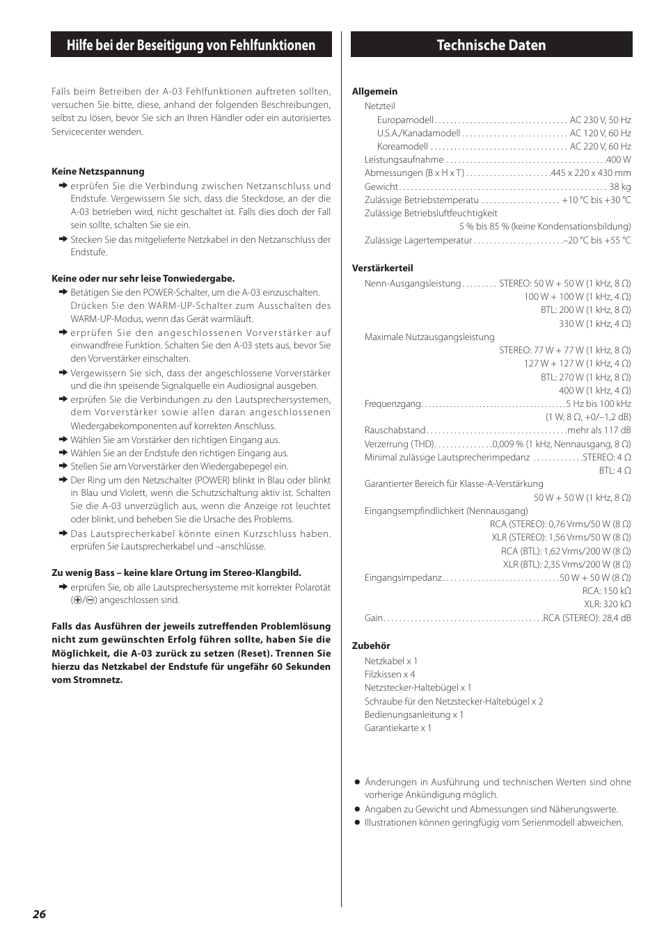 Hilfe bei der beseitigung von fehlfunktionen, Technische daten | Teac A-03 User Manual | Page 26 / 28