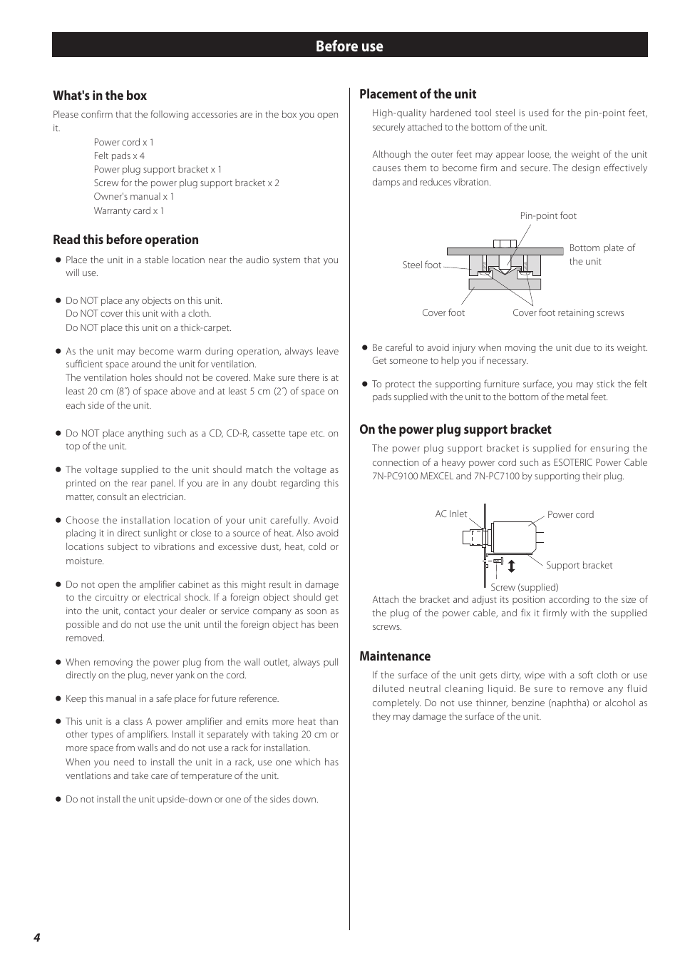 Before use, Placement of the unit, On the power plug support bracket | Maintenance, What's in the box, Read this before operation | Teac A-03 User Manual | Page 4 / 28