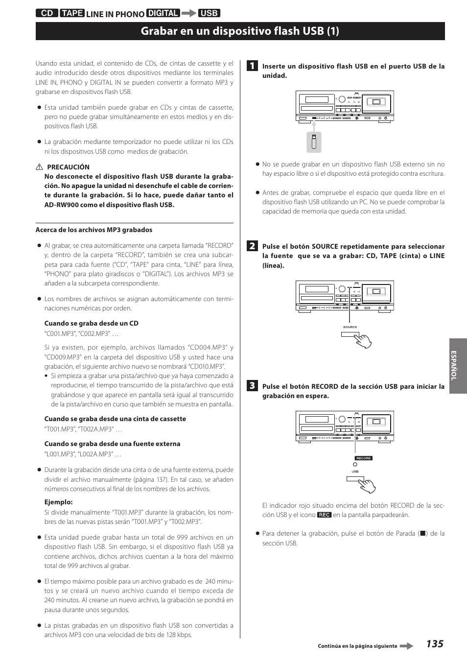 Grabar en un dispositivo flash usb, Grabar en un dispositivo flash usb (1) | Teac AD-RW900-B User Manual | Page 135 / 148