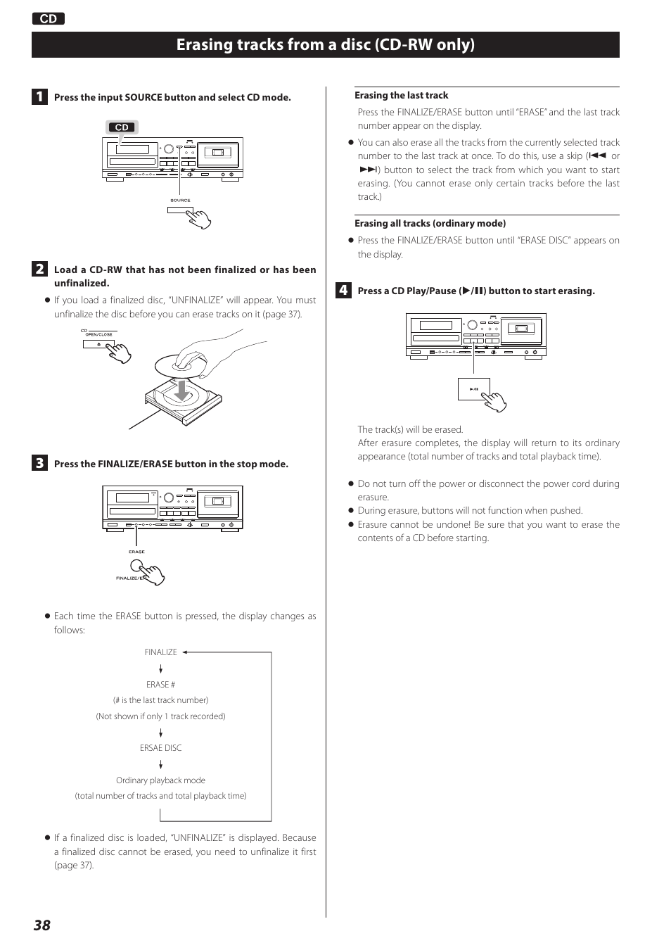 Erasing tracks from a disc (cd-rw only) | Teac AD-RW900-B User Manual | Page 38 / 148