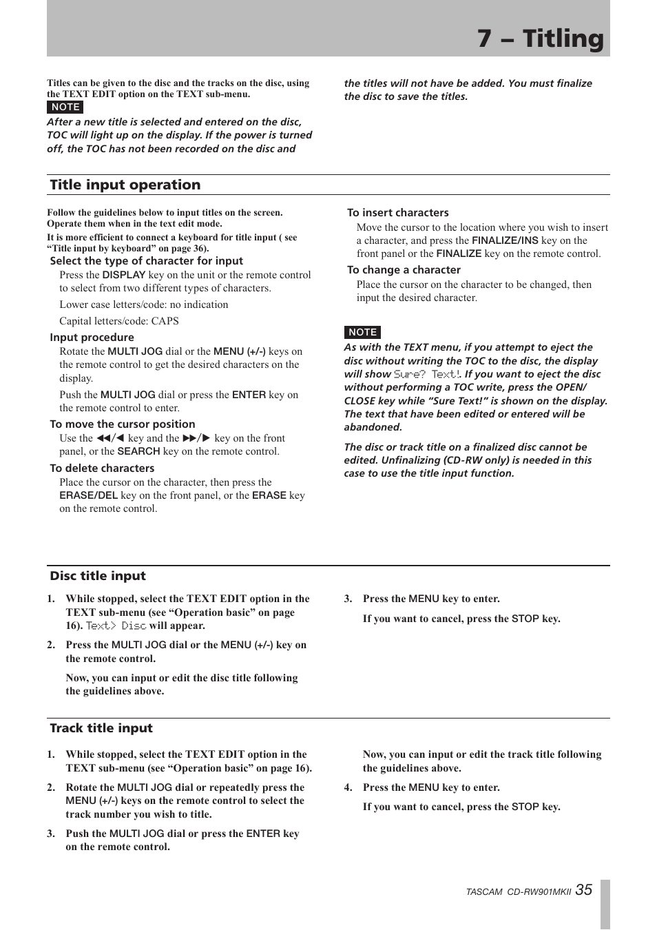 7 − titling, Title input operation, Disc title input | Track title input, Disc title input track title input, Important safety instructions | Teac CD-RW901MKII User Manual | Page 35 / 44