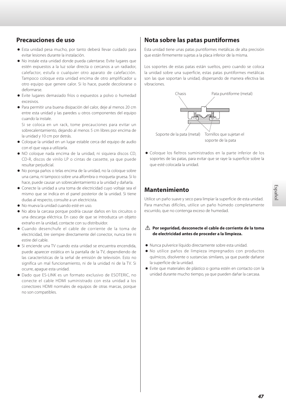 Precauciones de uso, Nota sobre las patas puntiformes, Mantenimiento | Teac GRANDIOSO D1 User Manual | Page 47 / 68