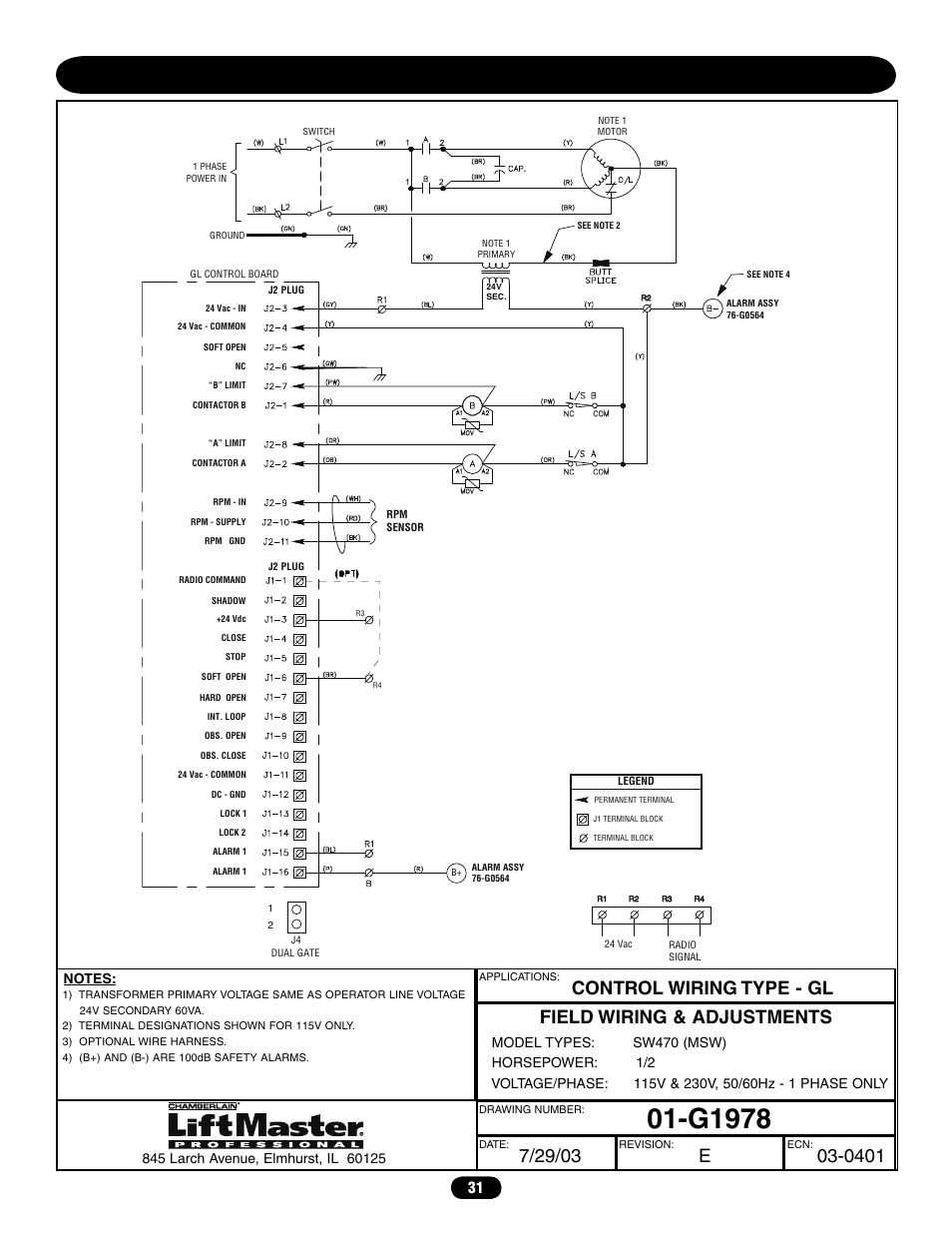 Single phase wiring diagram (sw470), G1978 | Chamberlain LIFTMASTER PROFESSIONAL SW470 User Manual | Page 31 / 40