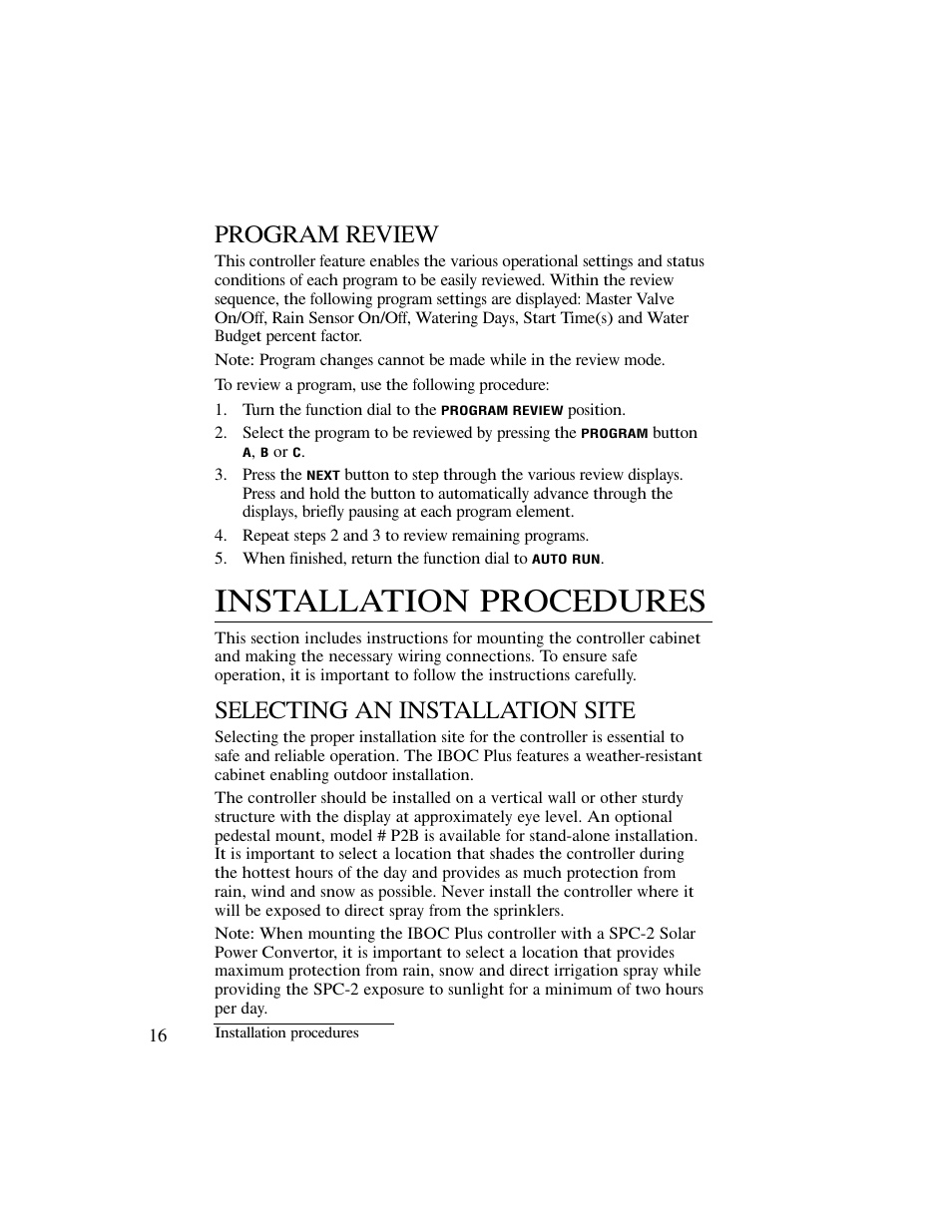 Installation procedures, Program review, Selecting an installation site | Irritrol IBOC-Plus User Manual | Page 18 / 28