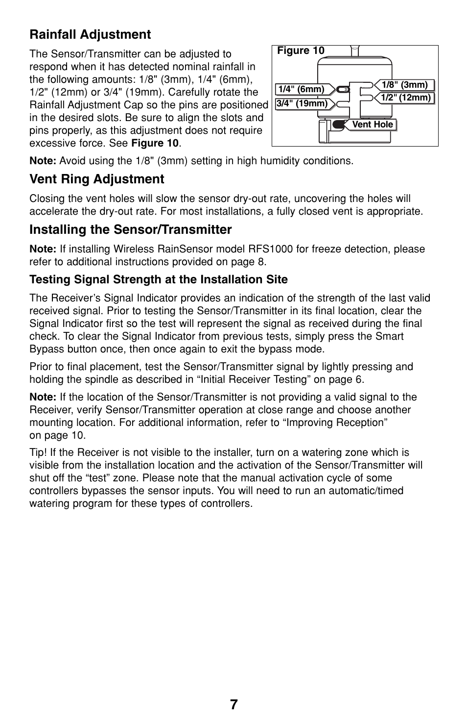 Rainfall adjustment, Vent ring adjustment, Installing the sensor/transmitter | Irritrol RainSensor User Manual | Page 7 / 12