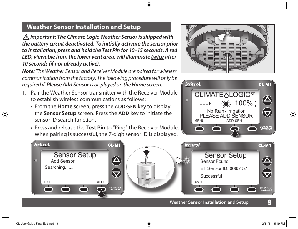 Sensor setup, 100% climate logic, 9weather sensor installation and setup | Irritrol Climate Logic User Manual | Page 9 / 24