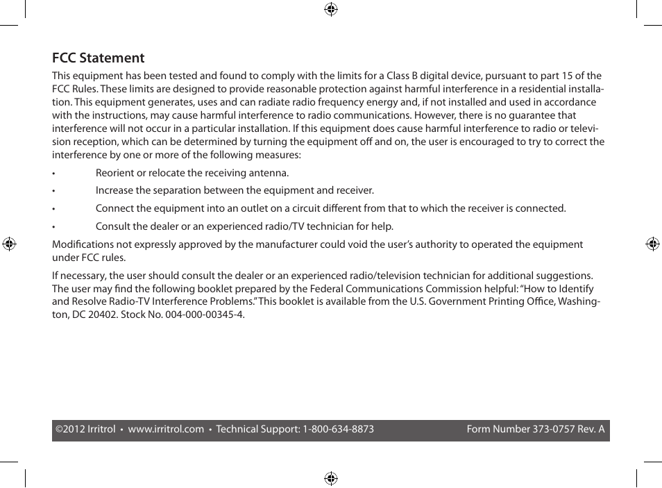 Fcc statement | Irritrol CRR User Manual | Page 12 / 36