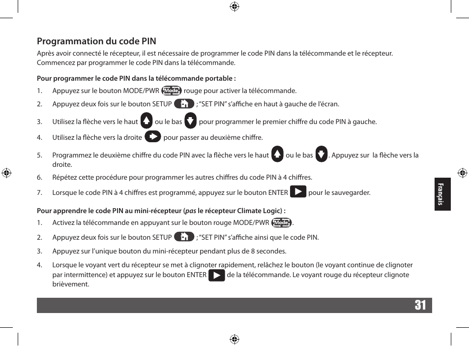 Programmation du code pin | Irritrol CRR User Manual | Page 31 / 36