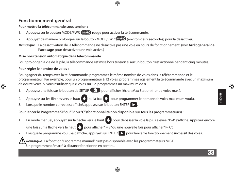 Fonctionnement général | Irritrol CRR User Manual | Page 33 / 36