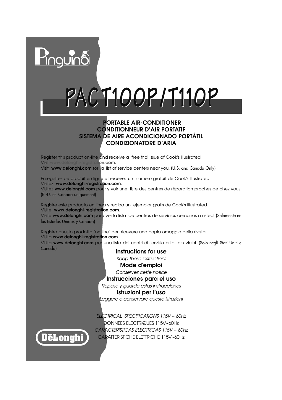 DeLonghi PINGUINO PAC T110P User Manual | 19 pages
