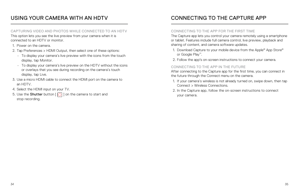 Connecting to the capture app, Connect your camera to capture. for details, see, Connecting to the | Capture app, Using your camera with an hdtv | GoPro Hero 5 Black User Manual | Page 18 / 47