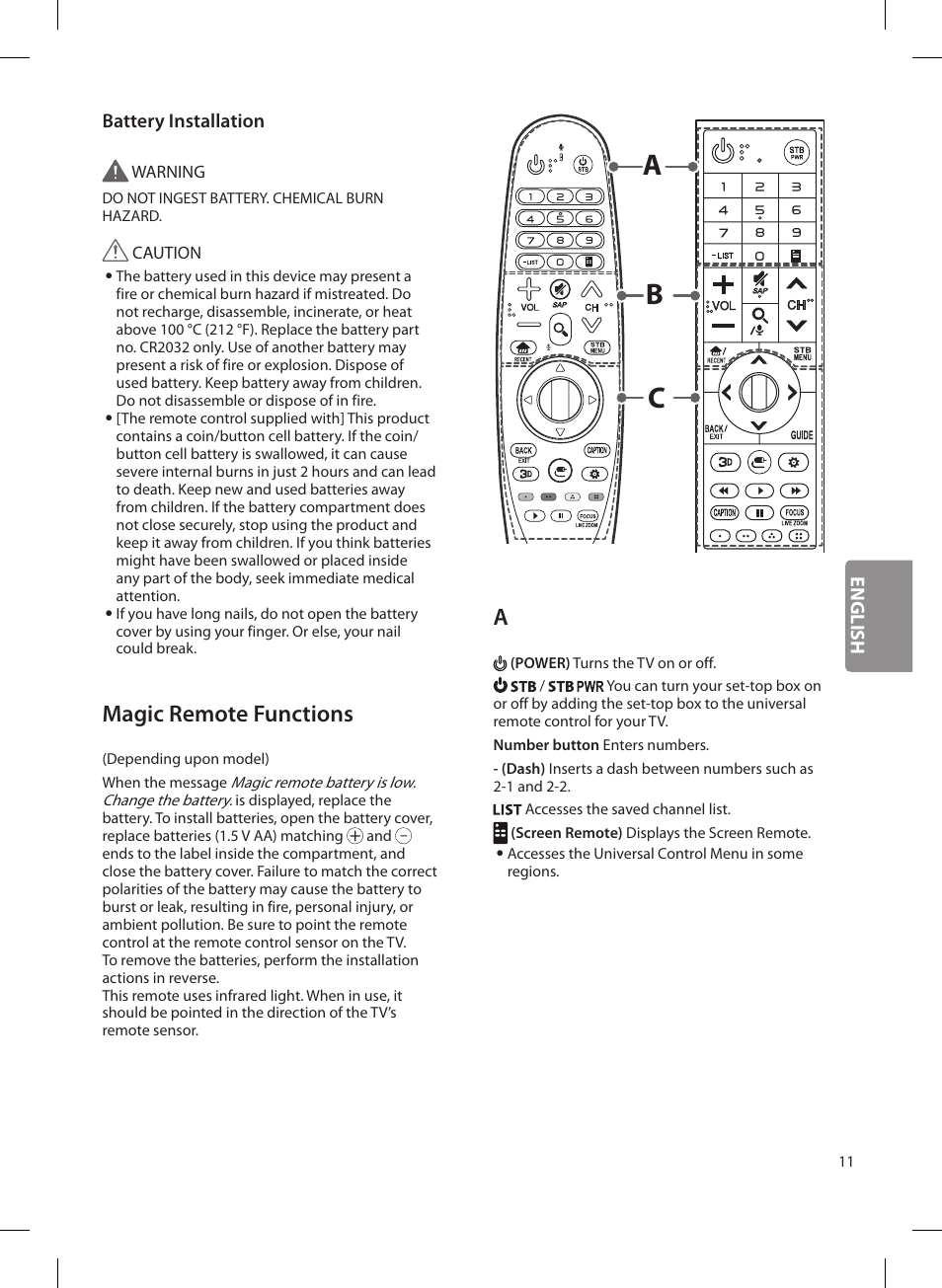 Bc a, Magic remote functions, English battery installation | LG OLED65G6P User Manual | Page 11 / 50