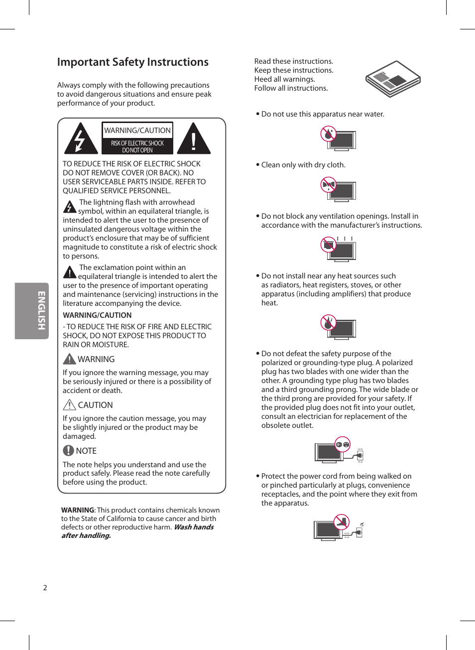 Important safety instructions, English | LG OLED65G6P User Manual | Page 2 / 50