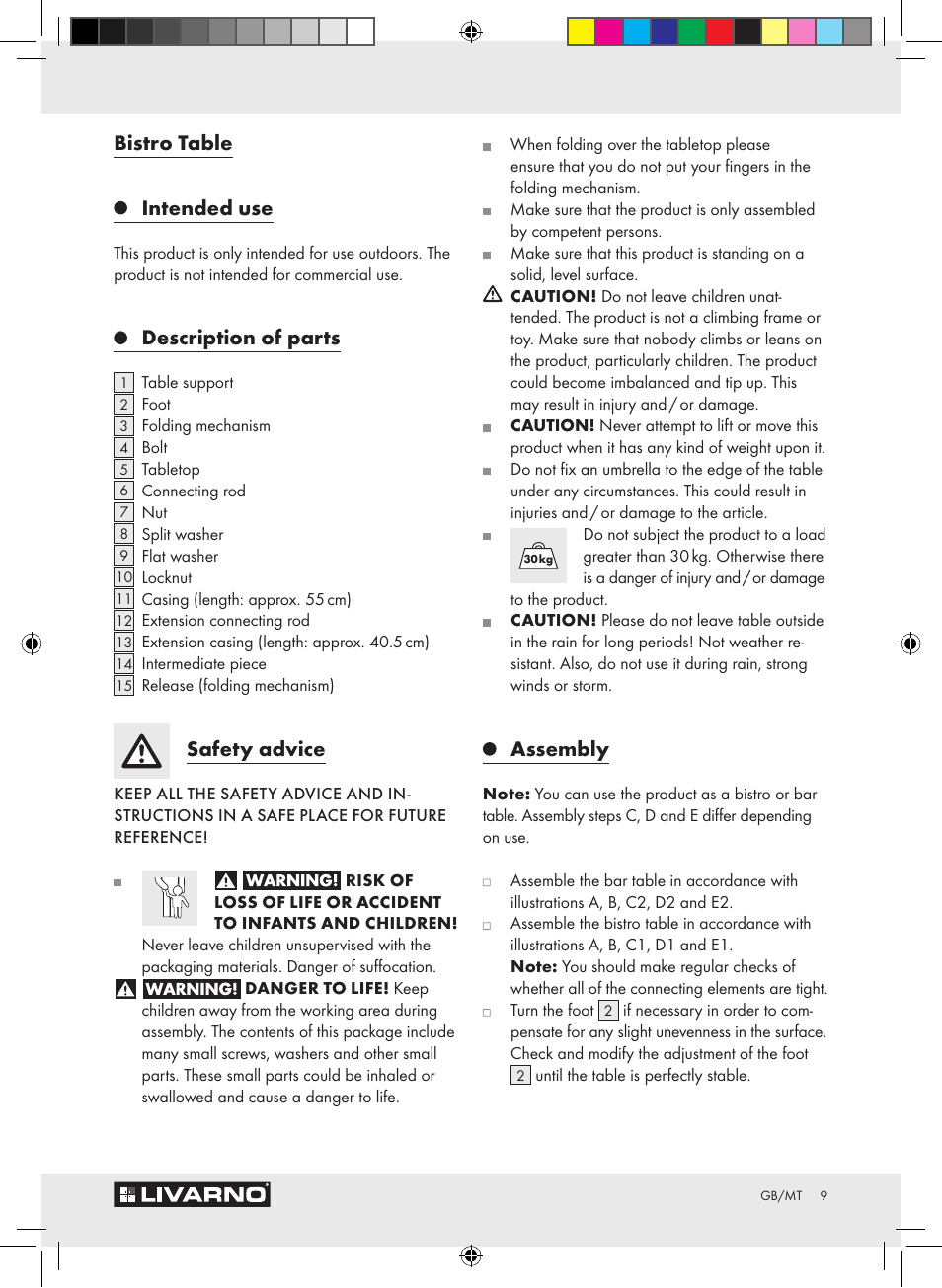 Bistro table intended use, Description of parts, Safety advice | Assembly | Livarno Z15007 User Manual | Page 9 / 18