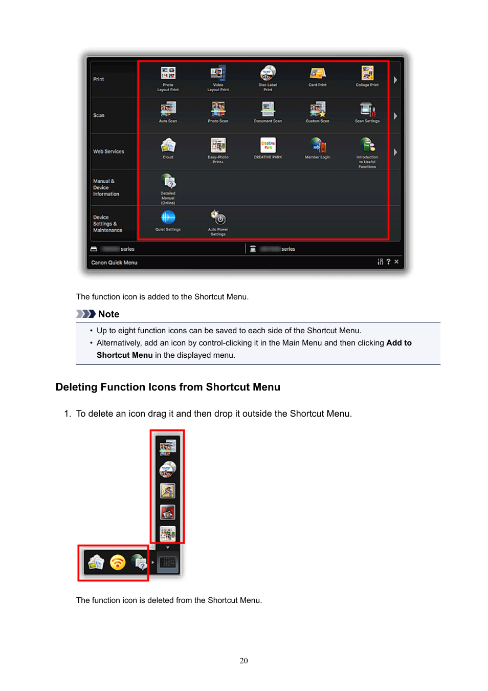 Deleting function icons from shortcut menu | Canon PIXMA E474 User Manual | Page 20 / 22
