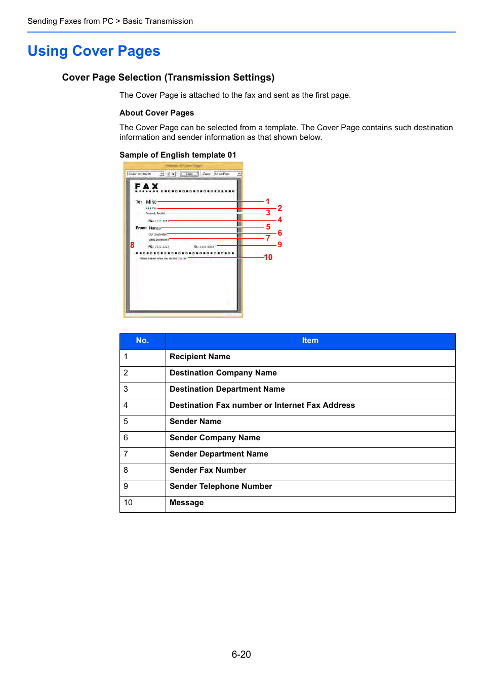 Using cover pages, Cover page selection (transmission settings) | Kyocera FAX System 12 User Manual | Page 155 / 258
