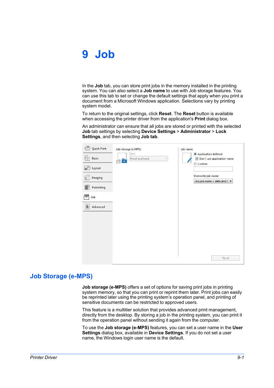 9 job, Job storage (e-mps), Job storage (e-mps) -1 | Kyocera Ecosys m2040dn User Manual | Page 75 / 93